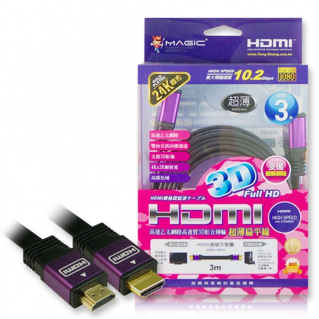 HDMI 1.4版高畫質影音傳輸扁平線-3M