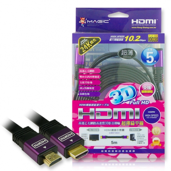 HDMI 1.4版高畫質影音傳輸扁平線-5M